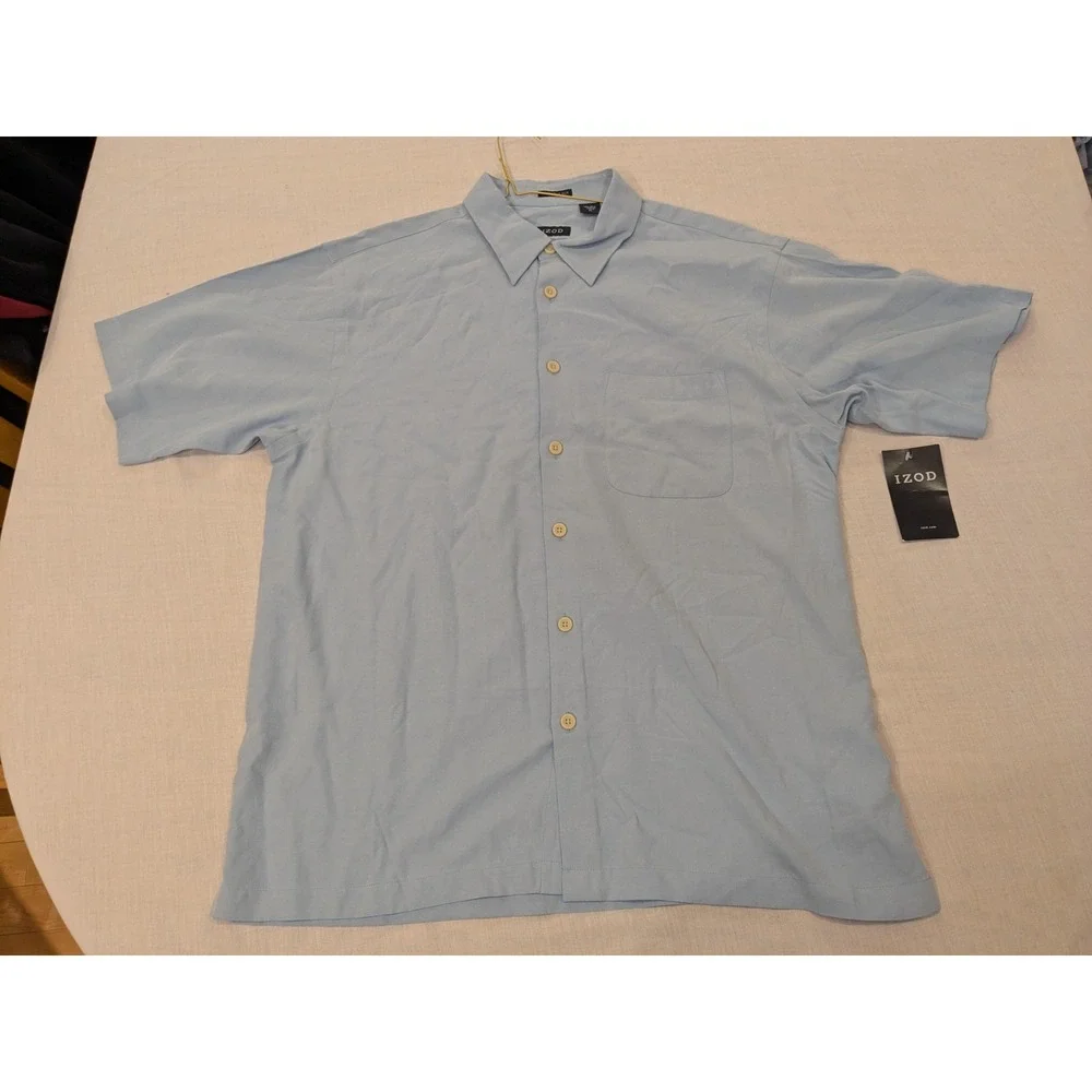 IZOD Shirt Men XL Light Blue 100% Silk Short Sleeve Button Washable Pocket‎ NWT - Picture 10 of 14